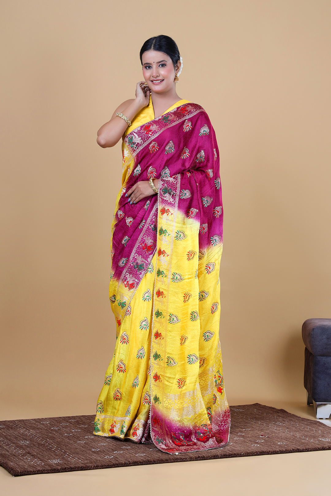 Yellow & Burgundy Gajji Silk Saree with Zari Buti Border
